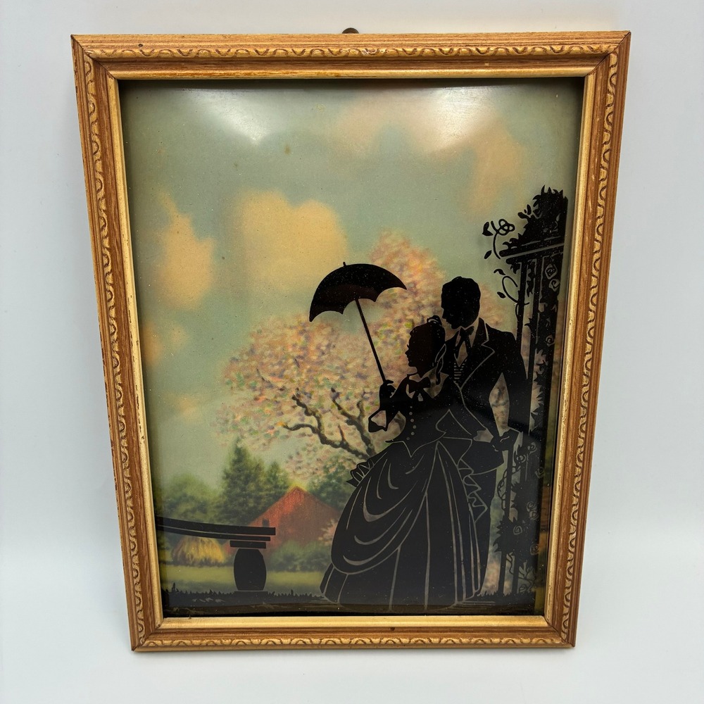 Vintage Victorian Couple Reverse Glass Silhouette Painting Gold Gilded Frame